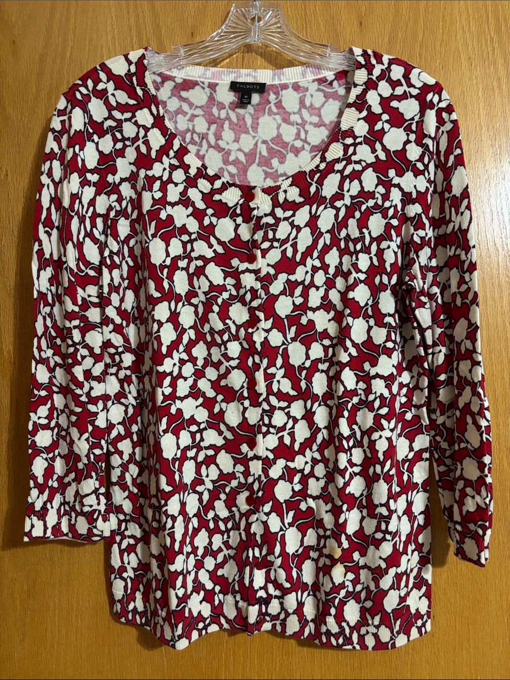 Talbots Red and Cream Floral Scoop Neck 3/4 Sleeve Light Sweater